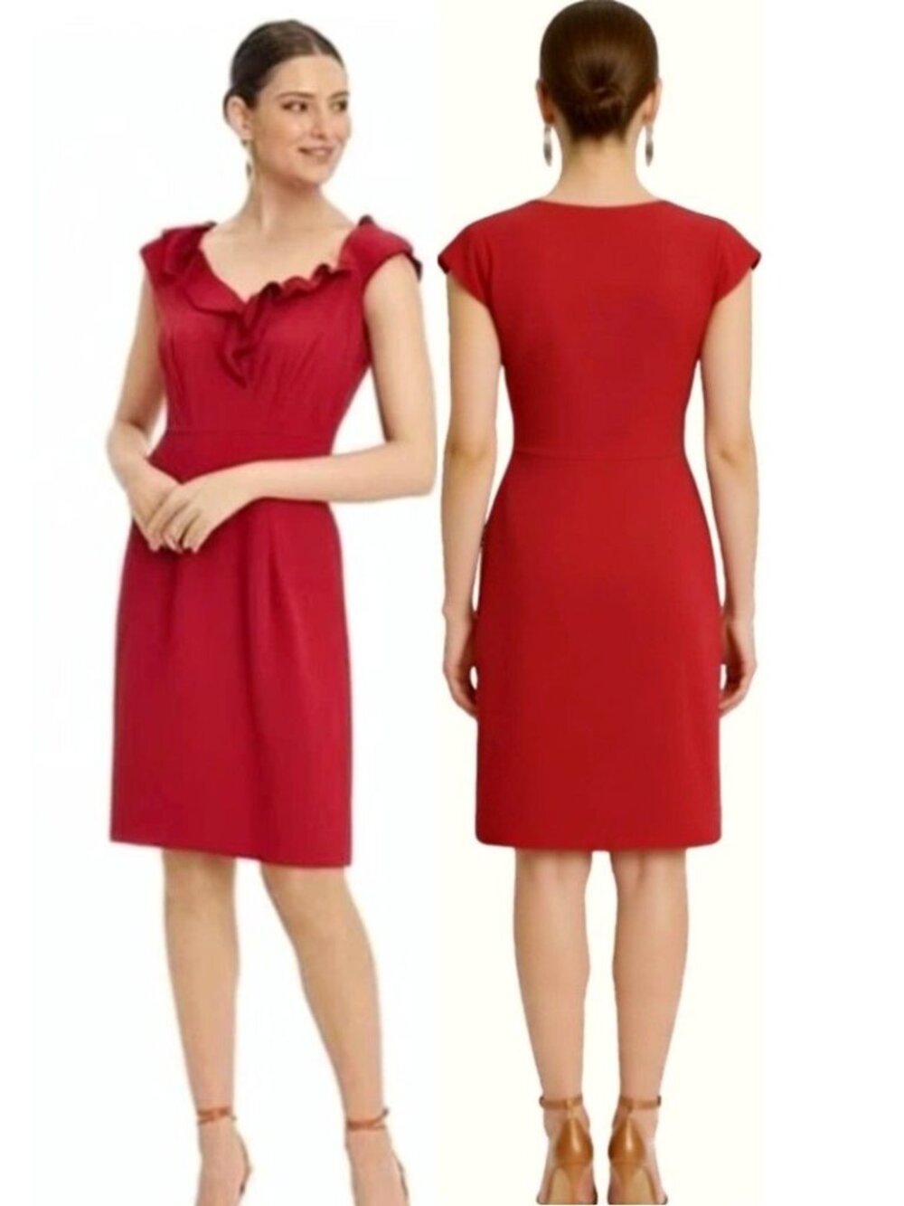 Sandra Darren Women’s Ruffle Front V-Neck Cap Sleeve Sheath Dress Size 8